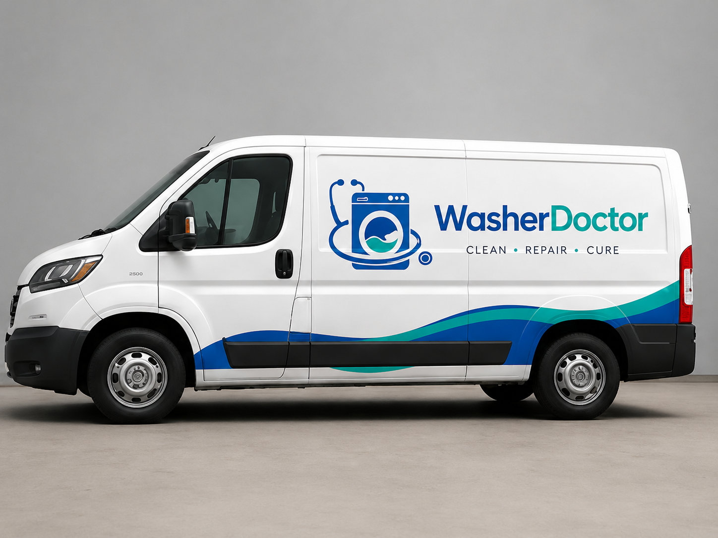 WasherDoctor branded service van — Clean, Repair, Cure